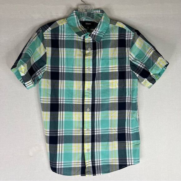 Urban Pipeline Button Down Shirt Boys Blue Yellow Plaid Short Sleeves XL - Picture 2 of 9